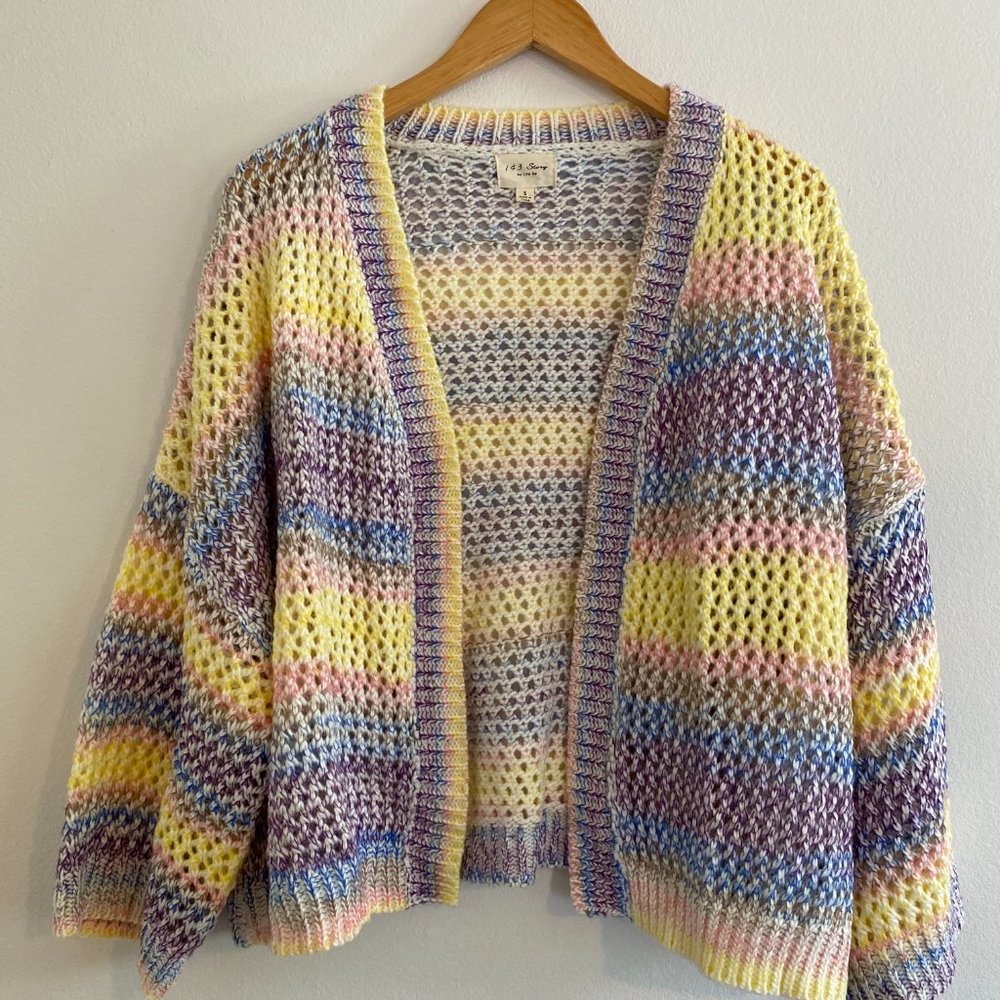413 Story Rainbow Knit Cardigan Small Oversized Loose Knit Open Front Pastel